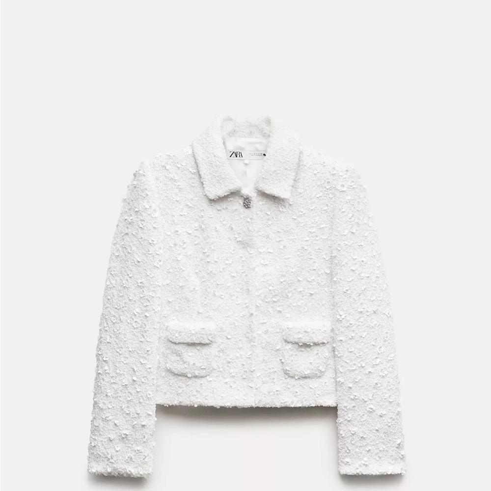 Zara White Textured Cropped Jacket